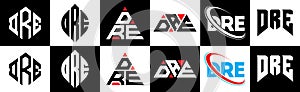 DRE letter logo design in six style. DRE polygon, circle, triangle, hexagon, flat and simple style with black and white color photo