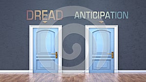 Dread and anticipation as a choice - pictured as words Dread, anticipation on doors to show that Dread and anticipation are