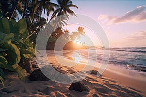 Dream beach at sunset in a tropical paradise created with generative AI technology