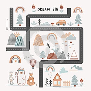 Dream Big, Little One - cute kids poster, playing rug or tapestry in Scandinavian style. Road, Mountains and Woods