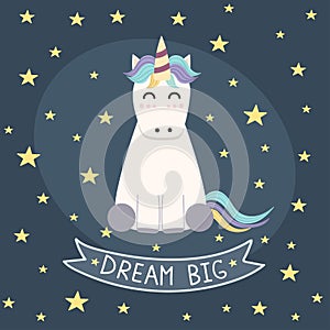 Dream Big poster, greeting card with cute unicorn