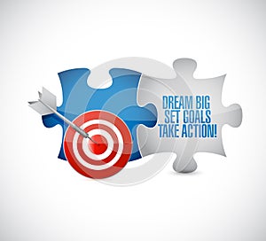 dream big, set, goals, take action target puzzle pieces