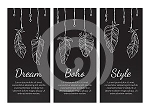 Dream Boho Style Vintage Chalkboard Banners Set with Feathers, Native American Indian Spiritual Symbols Vector