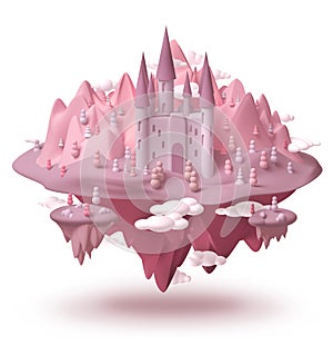 Dream castle on fantasy island pink landscape floating in the air 3D