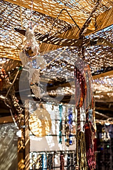 A dream catcher against the backdrop of the desert and mountains in Egypt