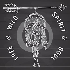 Dream catcher and arrow, tribal legend in Indian style with traditional dreamcatcher with bird feathers and beads.