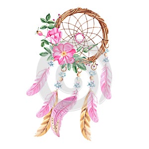 Dream catcher with beads, crystals, dog rose flowers and pink and beige feathers. Watercolor hand drawn illustration on