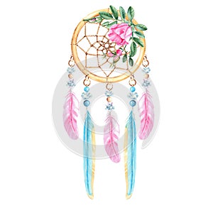 Dream catcher with beads, crystals, dog rose flowers and pink and blue feathers. Watercolor hand drawn illustration on a