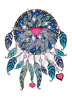 Dream catcher, boho feather, vector ethnic tribal ornament. Isolated Detailed illustration.