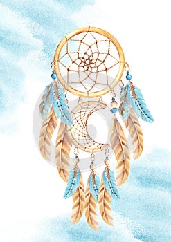 Dream Catcher Card or Poster Template with beads and blue and beige Feathers, blue Watercolor splashes. Watercolor hand