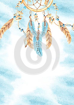 Dream Catcher Card or Poster Template with with sea Shells and stones, beads and blue and beige Feathers, blue