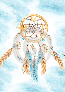 Dream Catcher Card or Poster Template with with sea Shells and stones, beads and blue and beige Feathers, blue