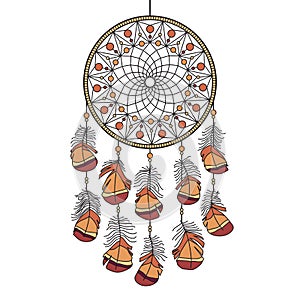 Dream Catcher colourful detailed hand drawn with feathers and beads. Vector