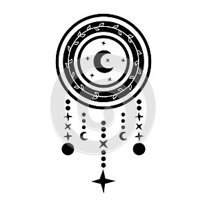 Dream catcher with crescent moon in black and white