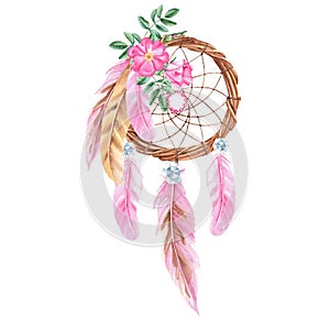 Dream catcher with dog rose flowers, crystals and pink feathers. Watercolor hand drawn illustration on a white