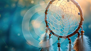 A dream catcher with feathers and a blue background, AI