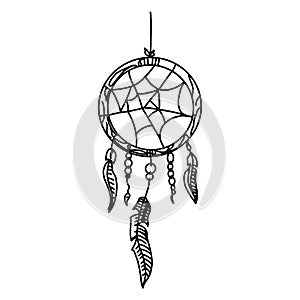 Dream catcher with feathers, high detailed ritual thing. American boho spirit. Hand drawn sketch vector illustration for tattoos