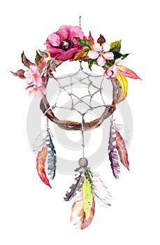 Dream catcher - feathers, leaves, flowers. Autumn watercolor, boho style