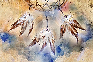 Dream catcher, feathers and ornaments, indian spiri.