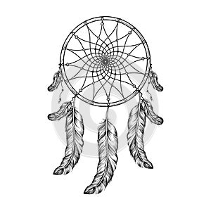 Dream catcher with feathers in zentangle style, high detailed r