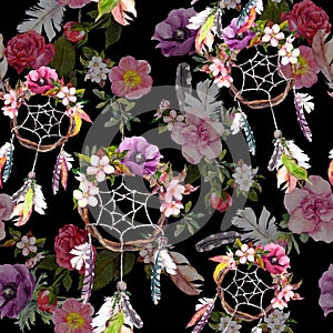Dream catcher, flowers, feathers on black background. Seamless pattern. Watercolor