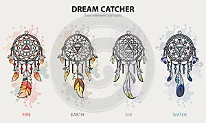 Dream Catcher With Four Element Symbols By Fire Earth Air And Water - Vector