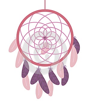 Dream catcher hanging feathers gentle pink color purple pastel tones bead pearl gift vector illustration isolated on white backgro