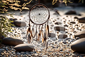 A dream catcher hanging in a serene Zen garden, surrounded by carefully raked gravel and balanced stones, invoking a sense of calm