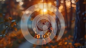 Dream catcher hangs in forest, bathed in warm light, evoking serene dreams and tranquility