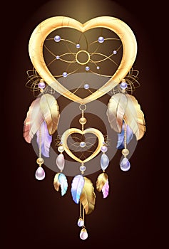 Dream catcher jewelry with feathers. Fantastic magic Dreamcatcher heart shaped colored metal and gold feathers and precious stones