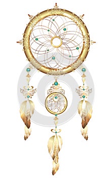 Dream catcher jewelry with feathers. Fantastic magic Dreamcatcher heart shaped colored metal and gold feathers and precious stones photo