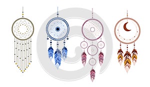 Dream catcher with mandala and feathers. Set of Indian mascots.