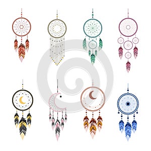 Dream catcher with mandala and feathers. Set of Indian mascots.