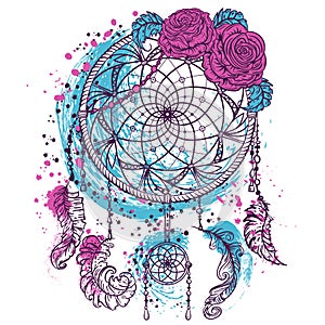 Dream catcher with ornament and roses. Tattoo art. Colorful hand drawn grunge style art.