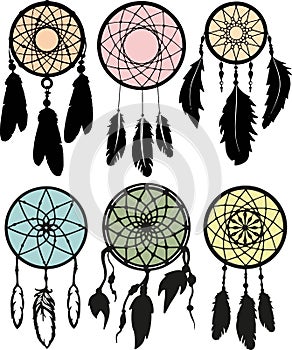 Dream catcher with threads, beads and feathers. Native american symbol in boho style. Vector tribal illustration. Ethnic indian dr