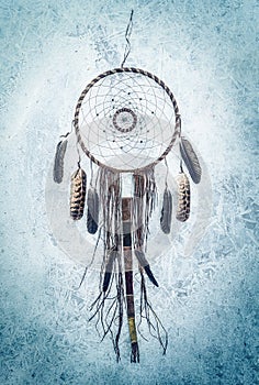 dream catcher on winter background, indian spiri.