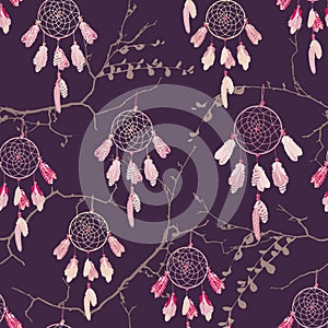 Dream catchers on the bare branches seamless vector pattern