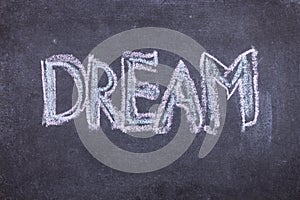 Dream. Chalk lettering on blackboard. Multi colored inscription