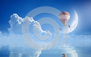 Dream come true concept - hot air balloon in blue sky
