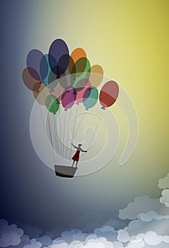 Dream concept, girl silhouette flying on the air baloon and flying up to the sky, dreamer, flight to the dreamland