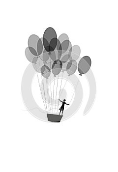 Dream concept, girl silhouette flying on the air baloon and flying up to the sky, dreamer, flight to the dreamland