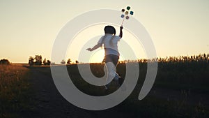 Dream concept. little girl kid run near the field at sunset silhouette with holds in hands toy turntable pinwheel. happy