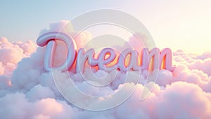 DREAM in 3D cursive font made of fluffy clouds and rainbows set in a pastel sky at sunset
