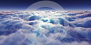 Dream fly above clouds ray light