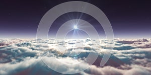 Dream fly above clouds ray light