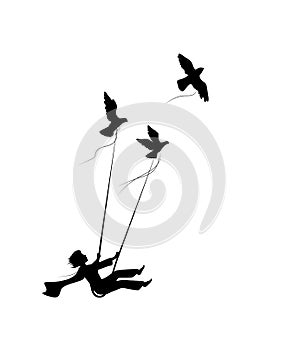 Dream flying concept, boy on the swing is flying away and holding pigeons, fly in the dream land, shadows,