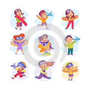 Dream of Flying with Little Kids Playing Plane and Having Fun Vector Set