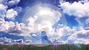 Dream Girl in a Windy Grass Meadow - Loop Fantasy Landscape Background