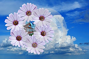 Dream about home. Cute house in wreath of flowers on the background of clouds in sky