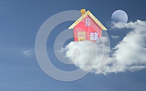 the dream of home ownership, model house on a cloud, blue sky and moon, concept, free copy space